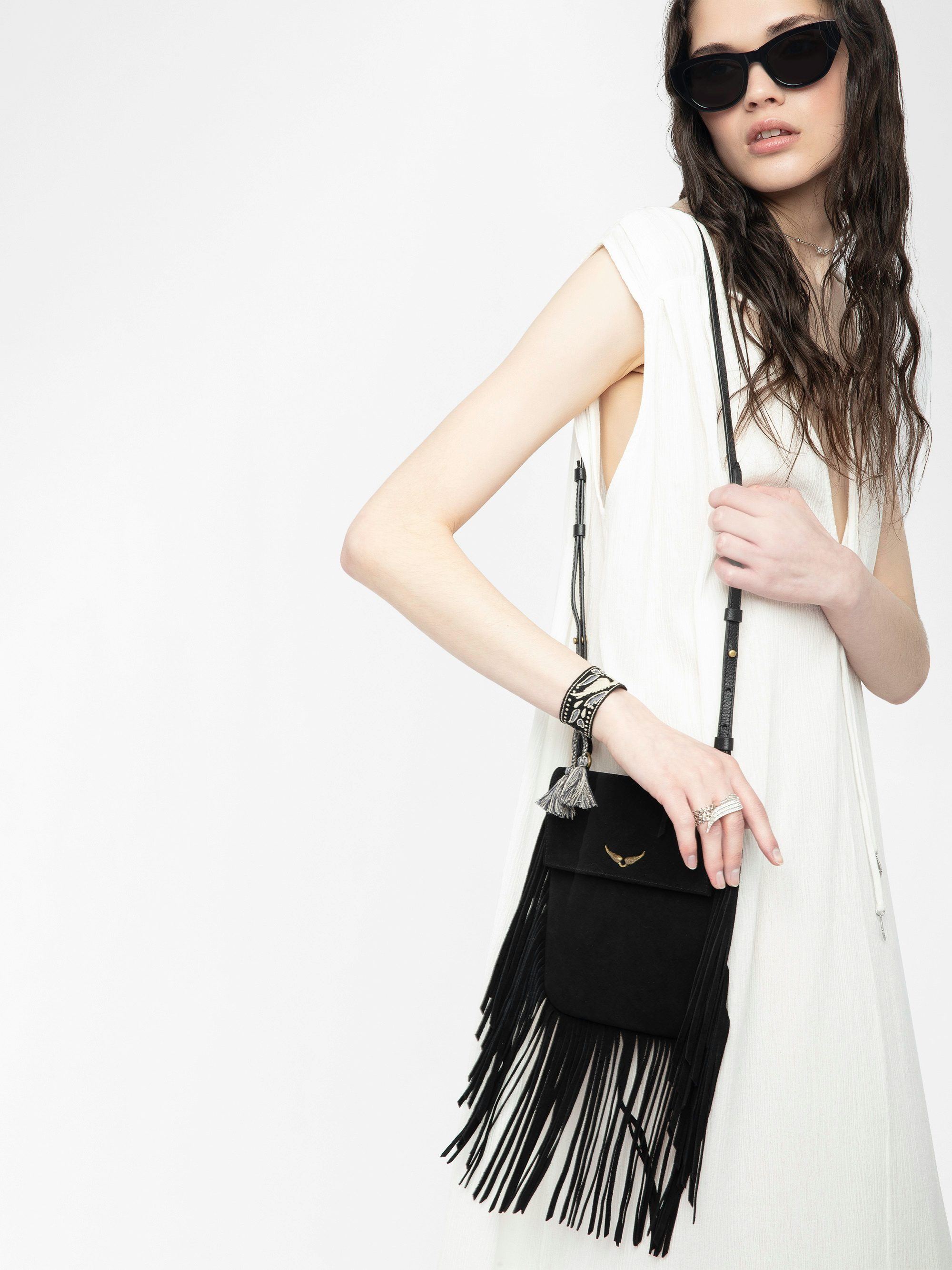Rockson Nano Suede Clutch - Suede pochette with signature wings and shoulder strap.